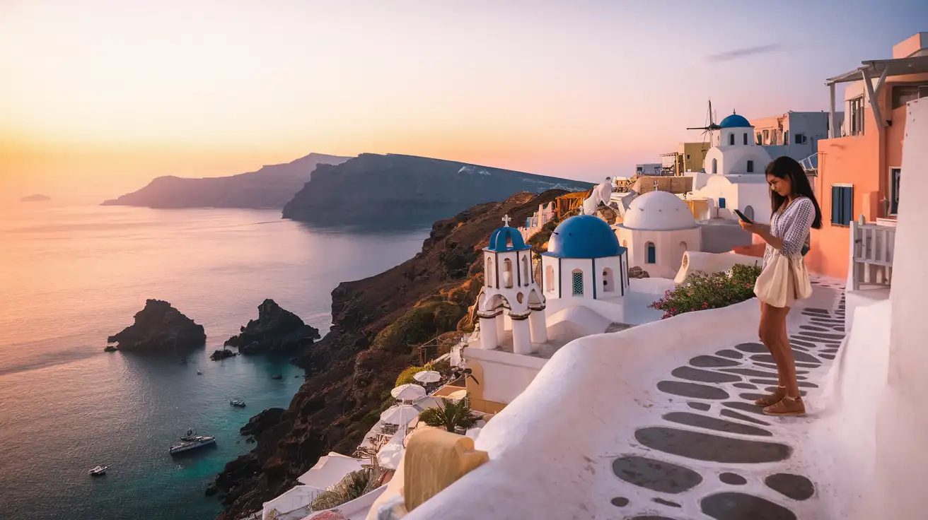 Traveler checking phone on a Santorini cliff path above the caldera
