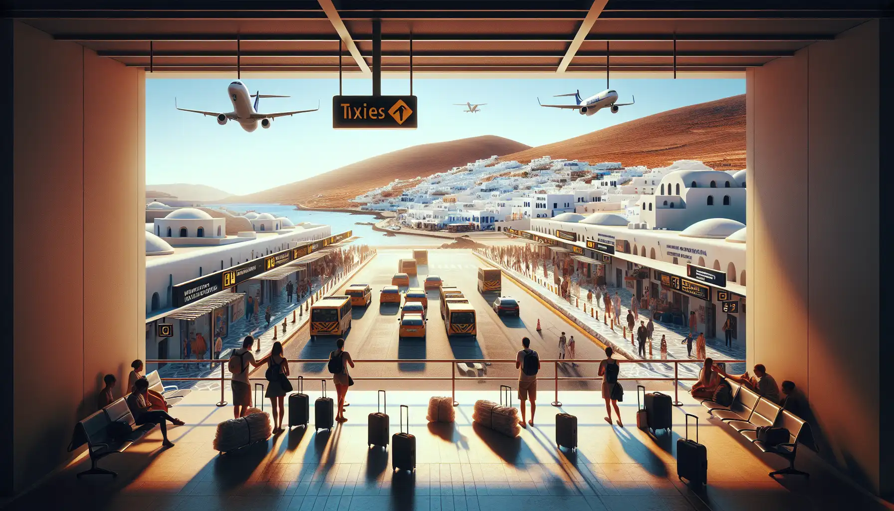 Travelers using phones outside Santorini International Airport with island hills and bright Mediterranean light