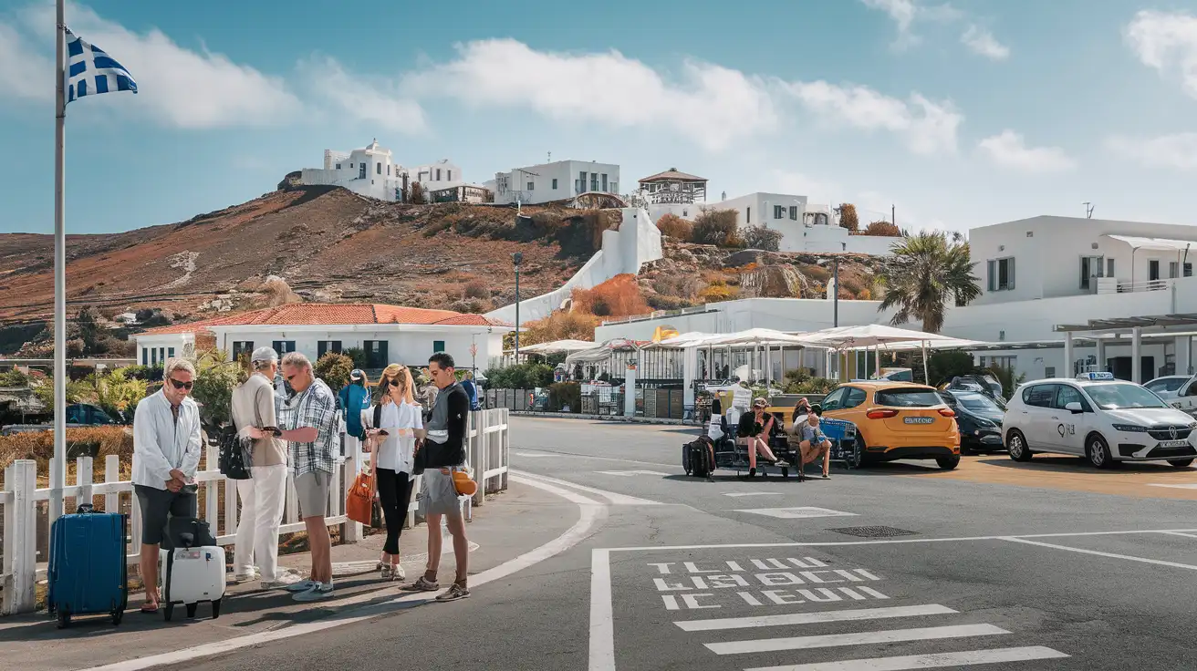 Travelers checking internet access outside Santorini Airport after arrival