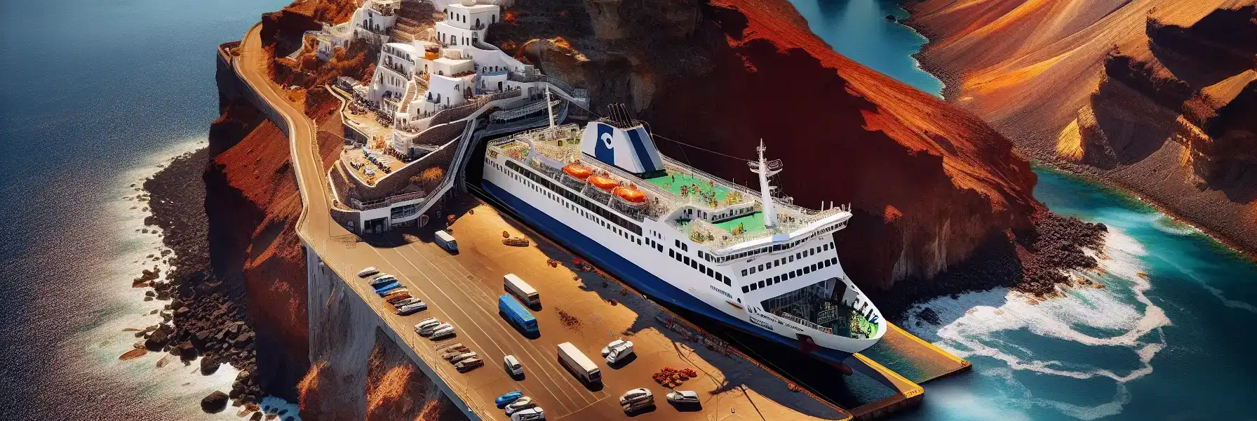 A large passenger ferry docked at Santorini's Athinios port with volcanic caldera cliffs rising dramatically behind and the switchback road climbing toward the clifftop villages