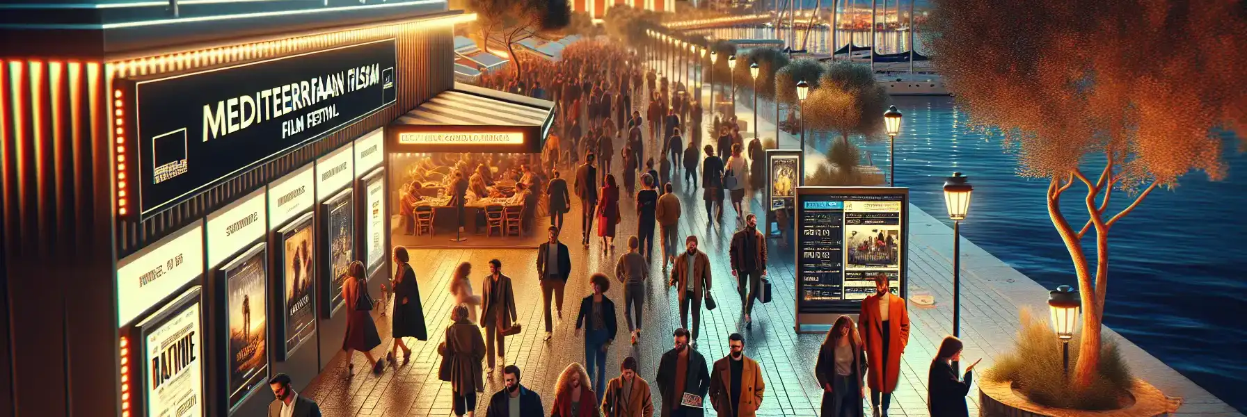 Evening crowd moving between film festival venues near the Thessaloniki seafront