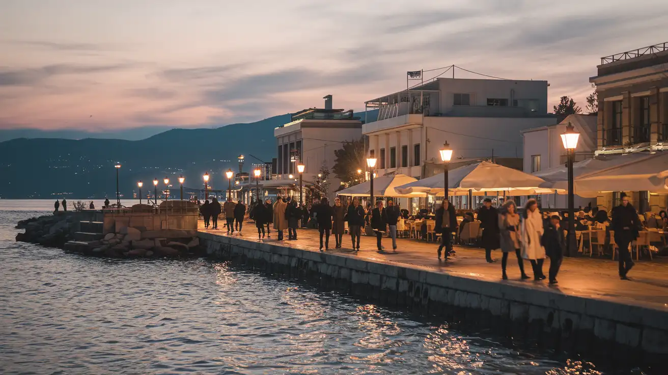 Crowds walking between festival venues and restaurants near the Thessaloniki waterfront