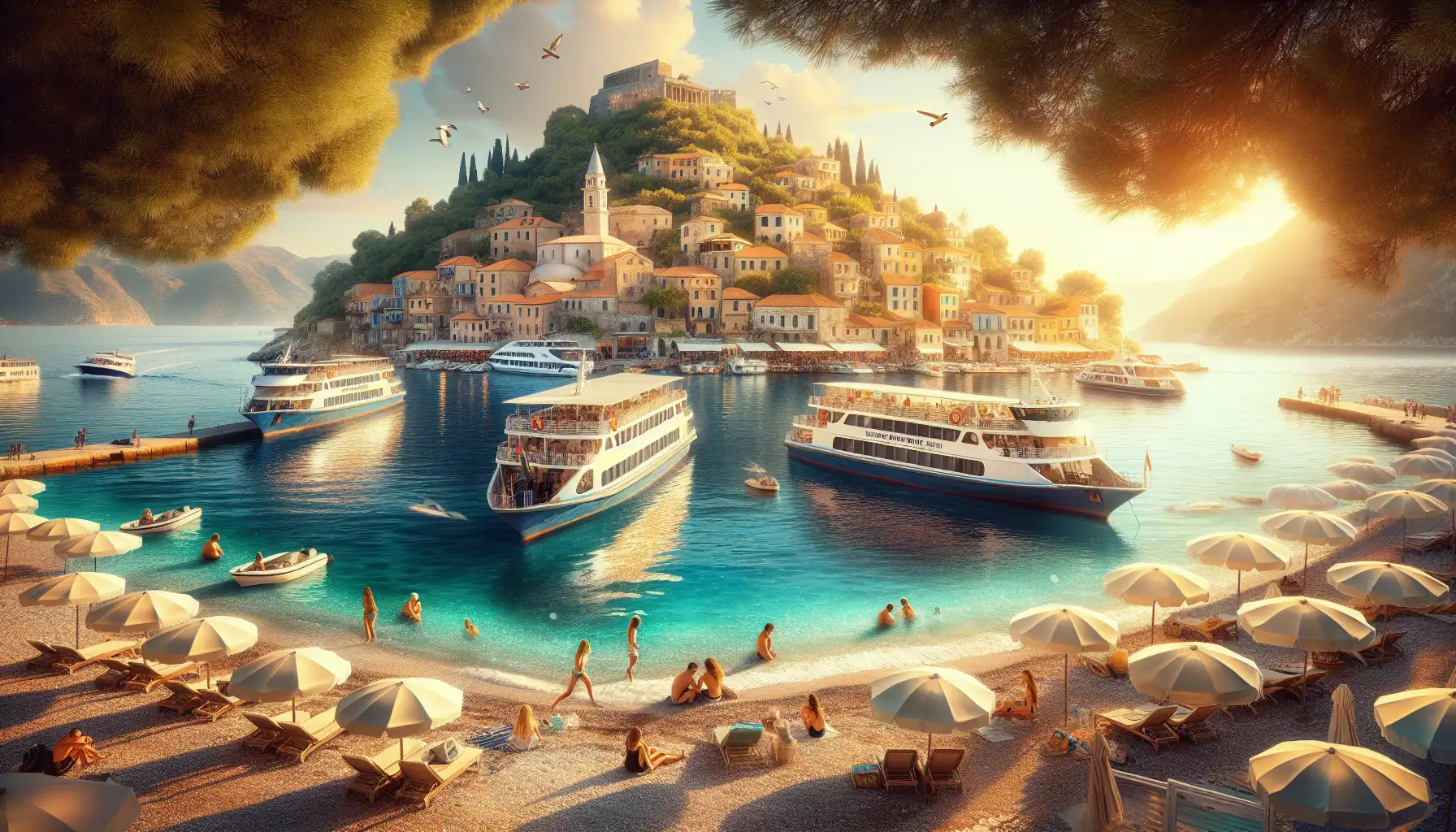 Travelers near Zakynthos waterfront using phones with ferries and turquoise sea in the background