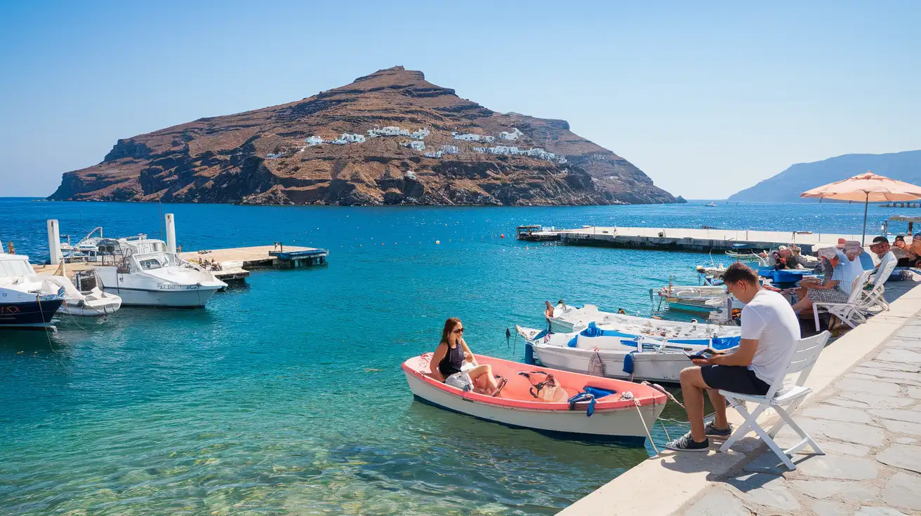 Travelers near Zakynthos ferry area checking directions on their phones