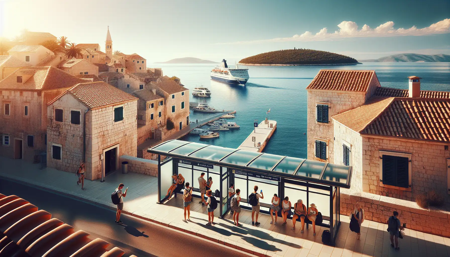 Traveler using a phone near a Croatian coastal transit point with sea and old town in view