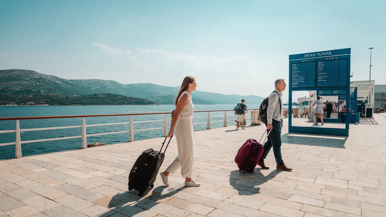 Travelers at a Croatian ferry terminal checking phones before departure