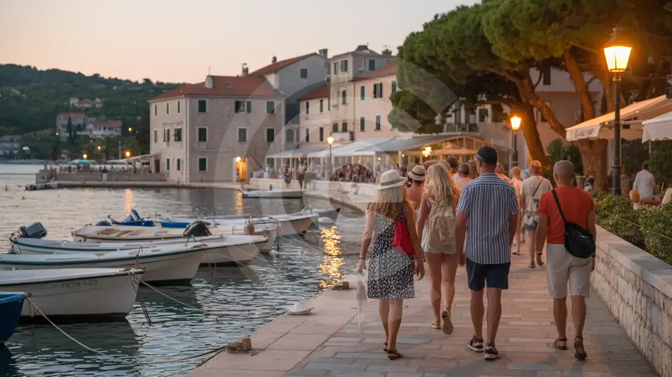 Cadre de festival en bord de mer à Tisno avec quai, bateaux et douce lumière du soir