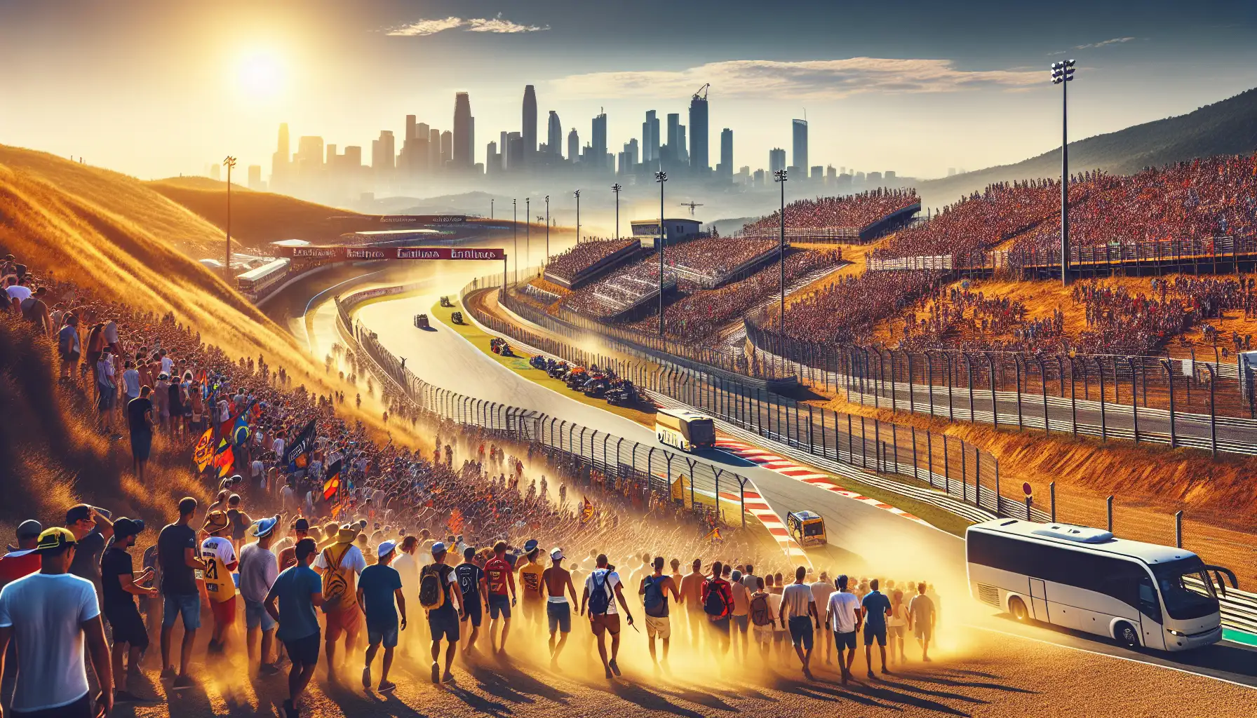 Fans arriving at a packed summer race circuit near Budapest during Grand Prix weekend