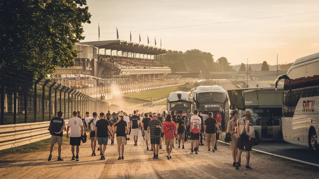 Fans walking toward the Hungaroring on a hot summer race weekend