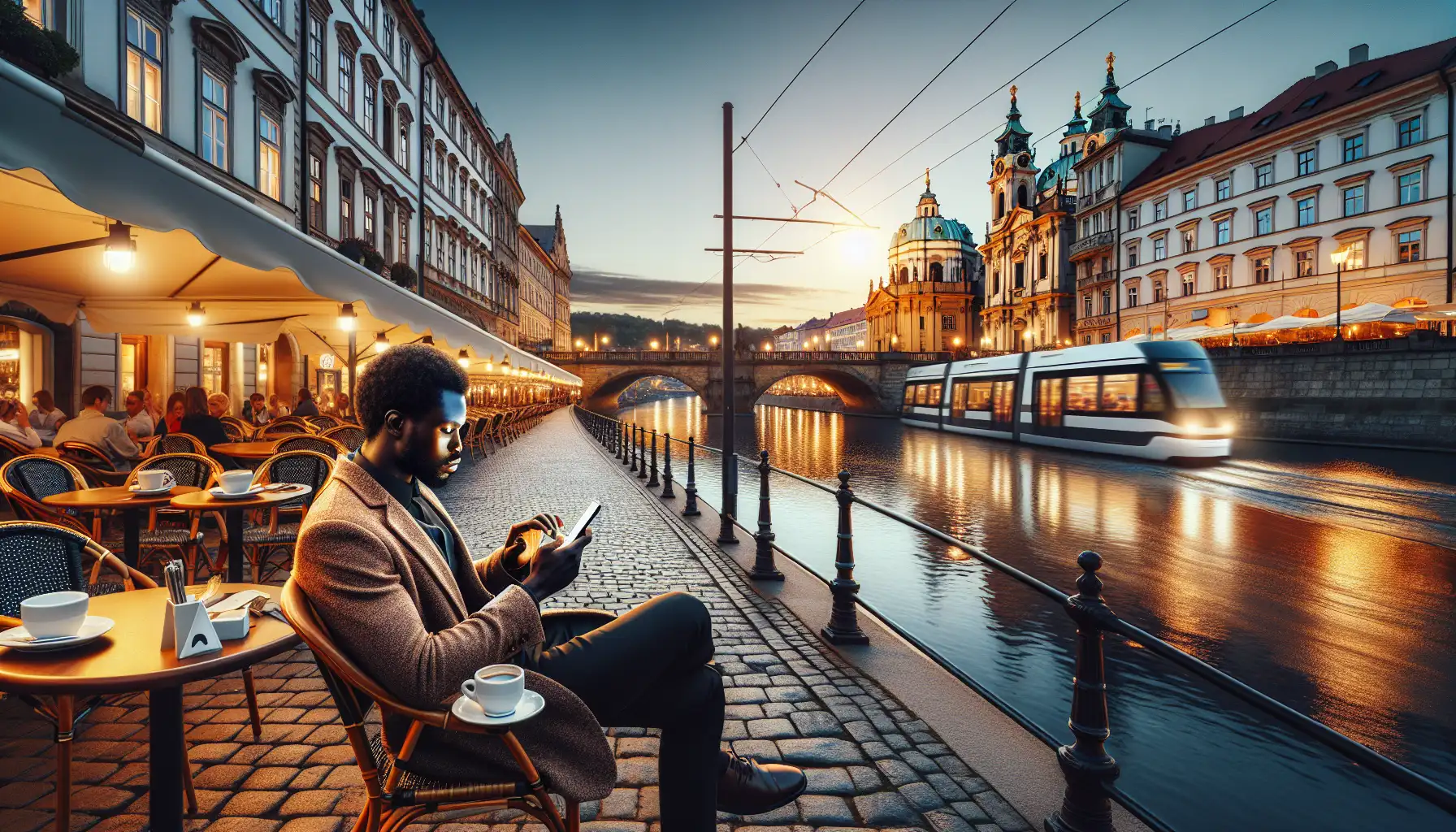 Traveler checking mobile data beside the Danube in Budapest