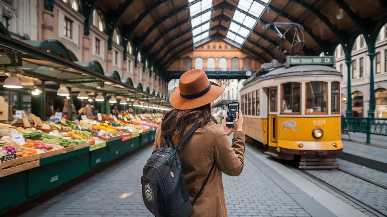 Traveler using mobile data near Budapest's market and tram area