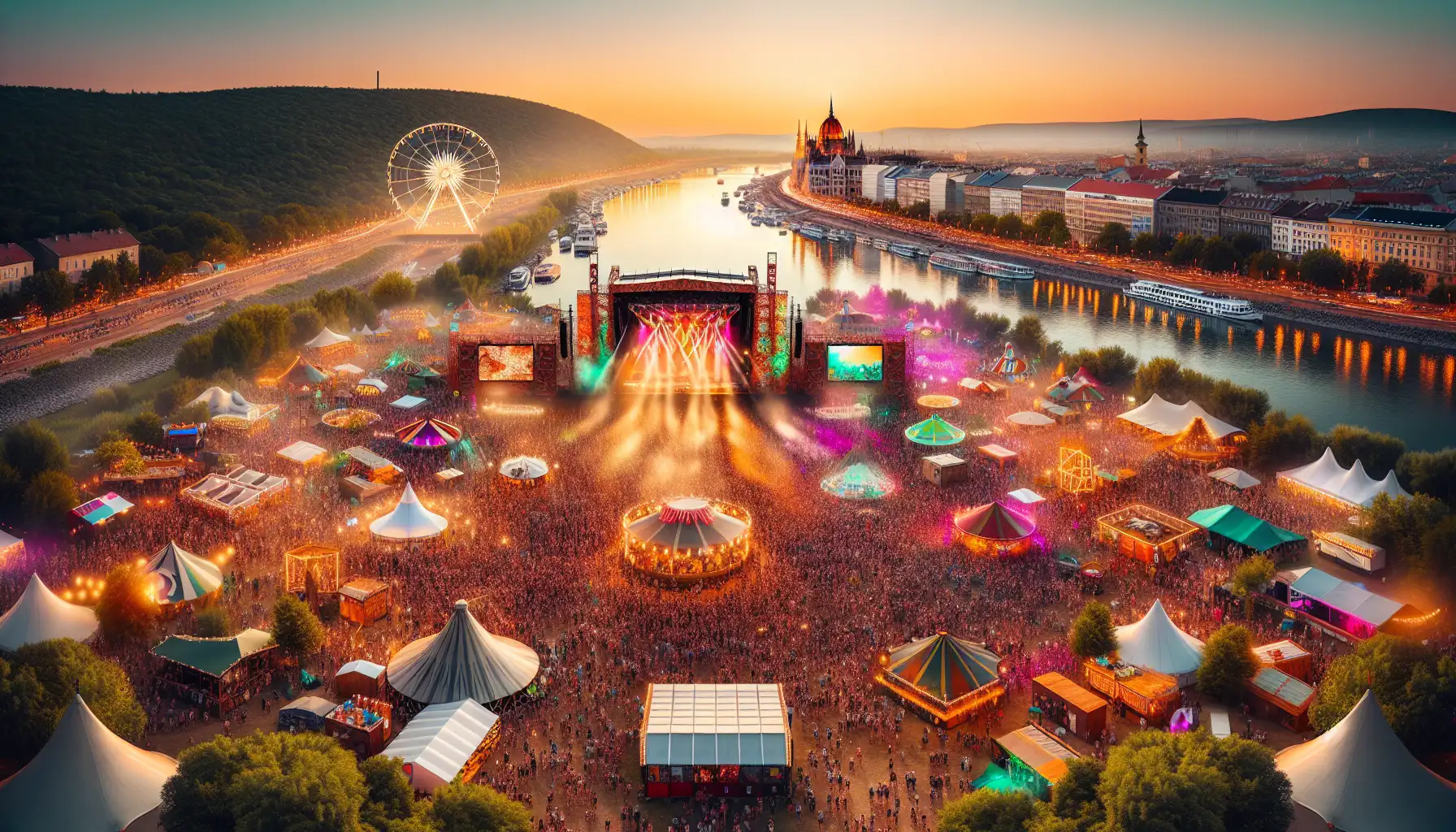 Crowds enjoying a large summer music festival on a river island in Budapest at sunset