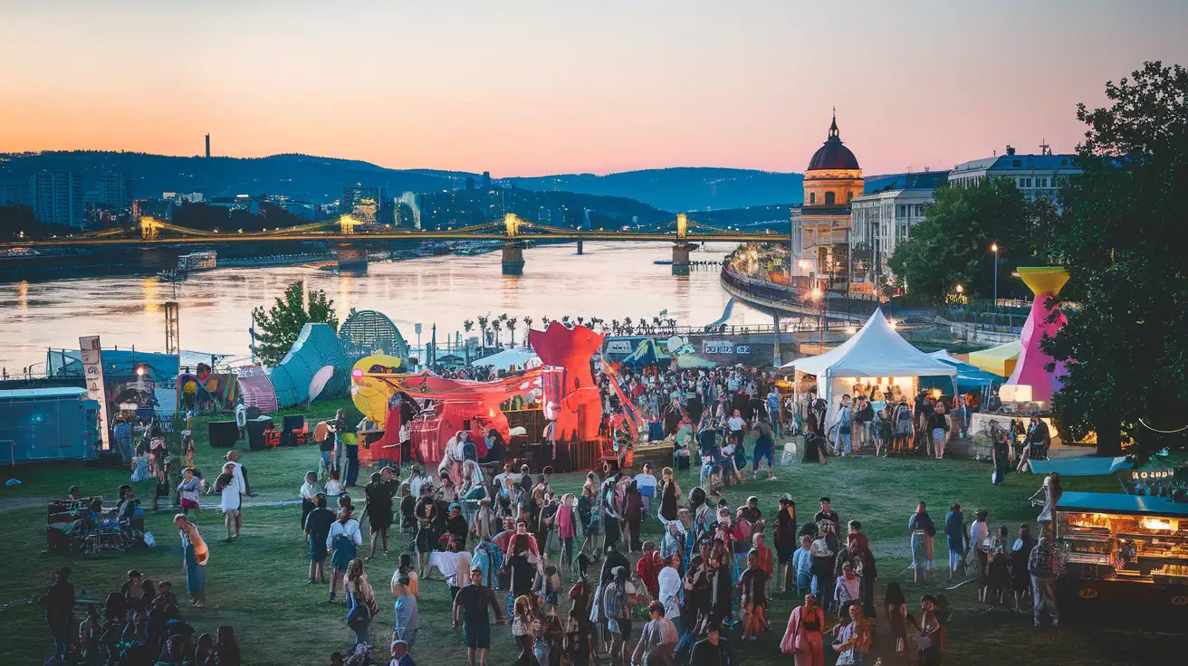 Summer festival crowd on a green island in Budapest during the evening