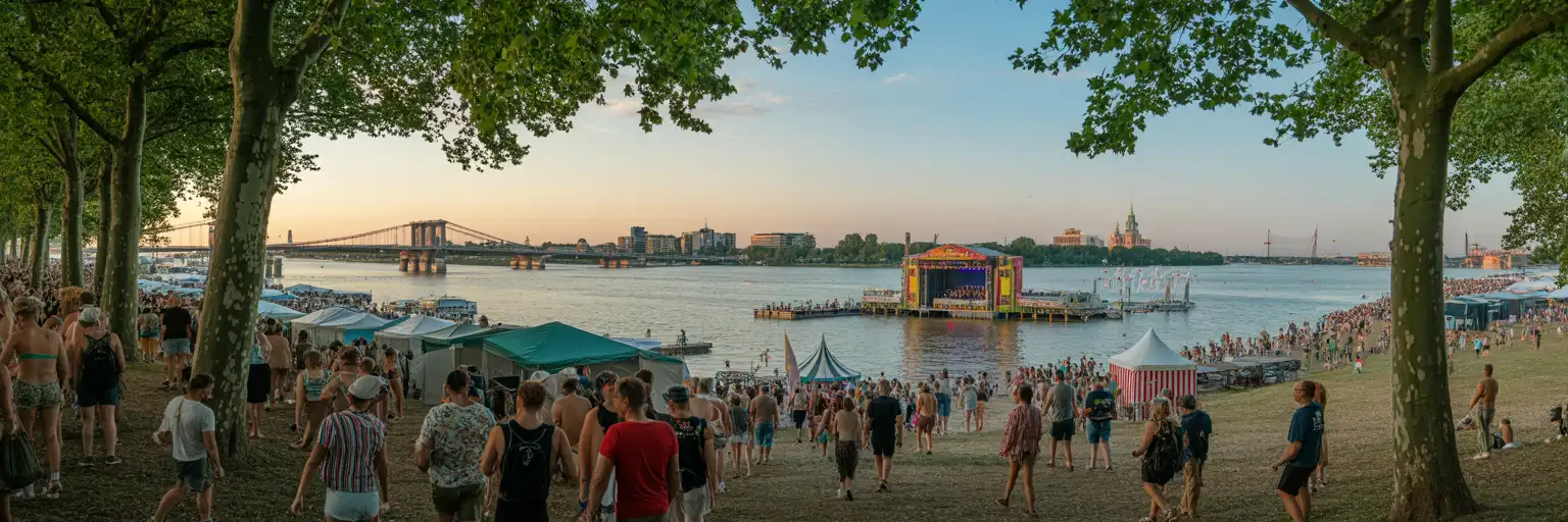 Sommerfestival-Publikum auf Budapests Inselgelände bei Sonnenuntergang mit Bühnenlichtern und Essensständen
