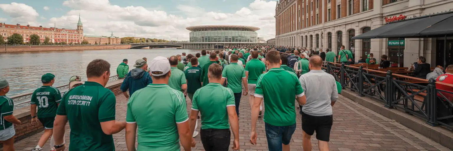 Menschenmengen auf dem Weg zu einem großen Stadion in Dublin an einem Spätsommerspieltag