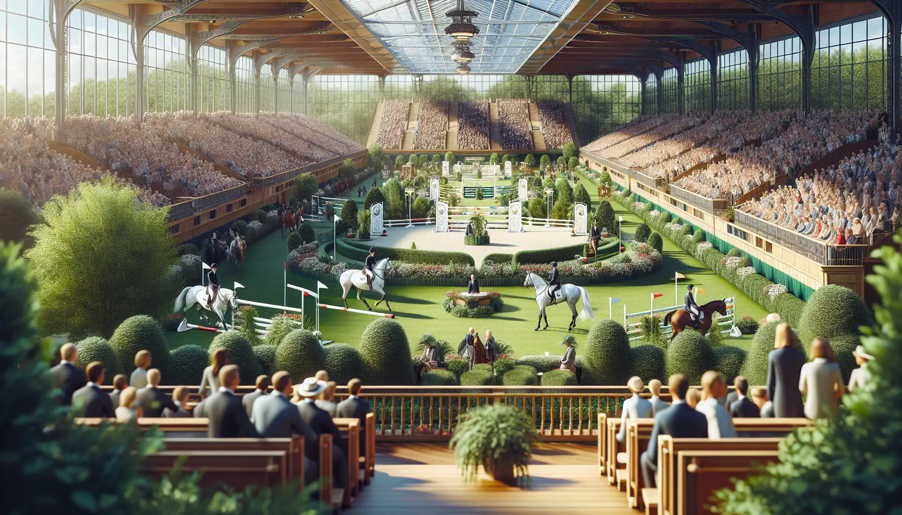 Show jumping atmosphere at Dublin Horse Show in the RDS with summer crowds