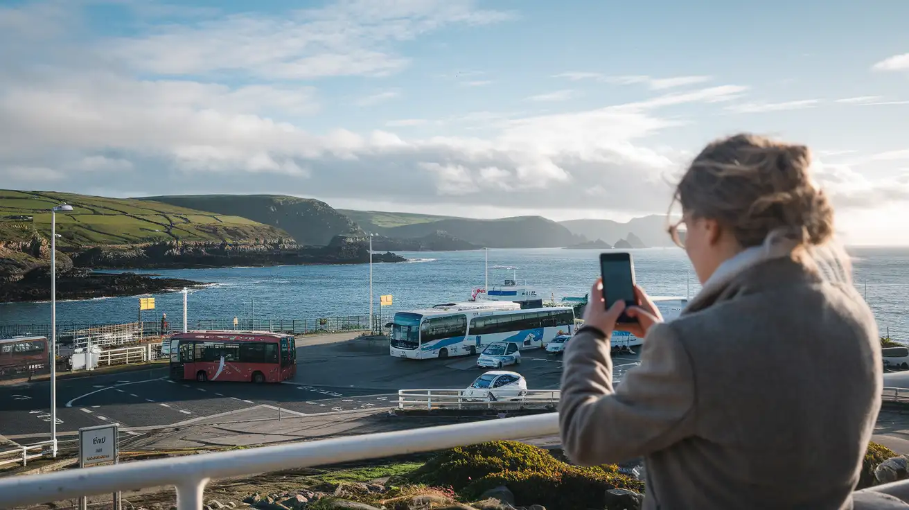 Traveler checking mobile data near an Irish ferry terminal