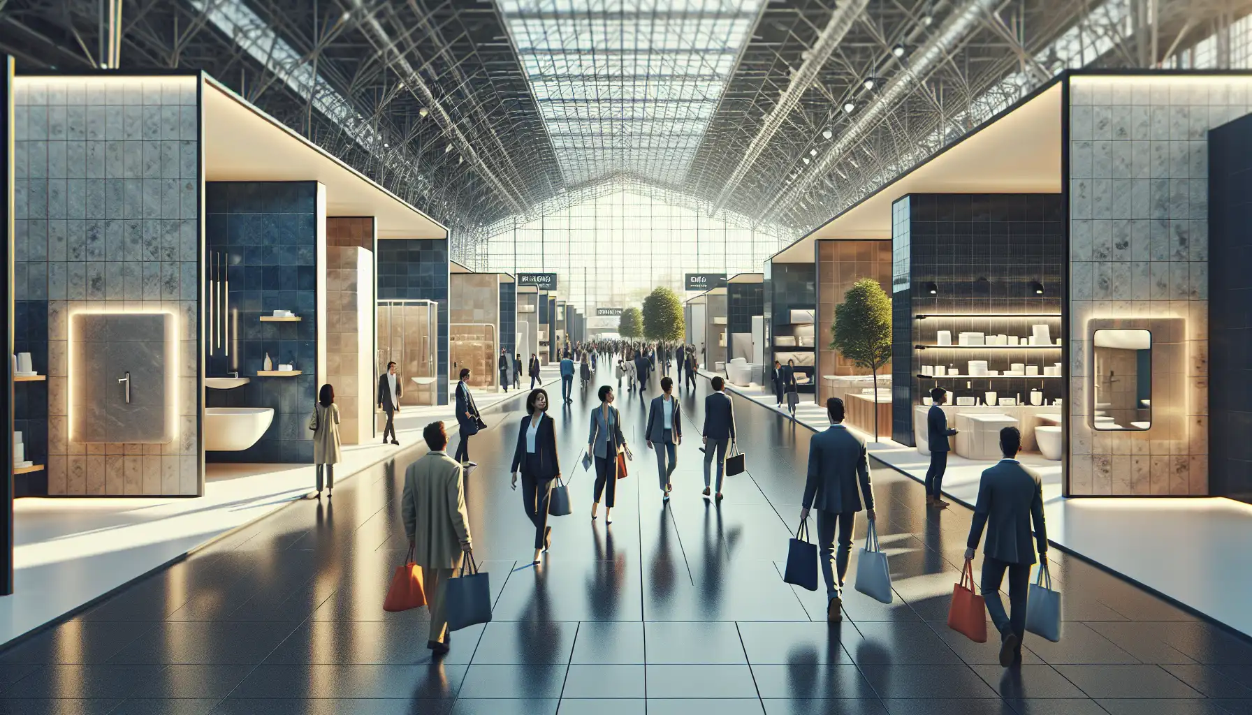 Visitors walking through a major design trade fair in Bologna with ceramic and bathroom displays