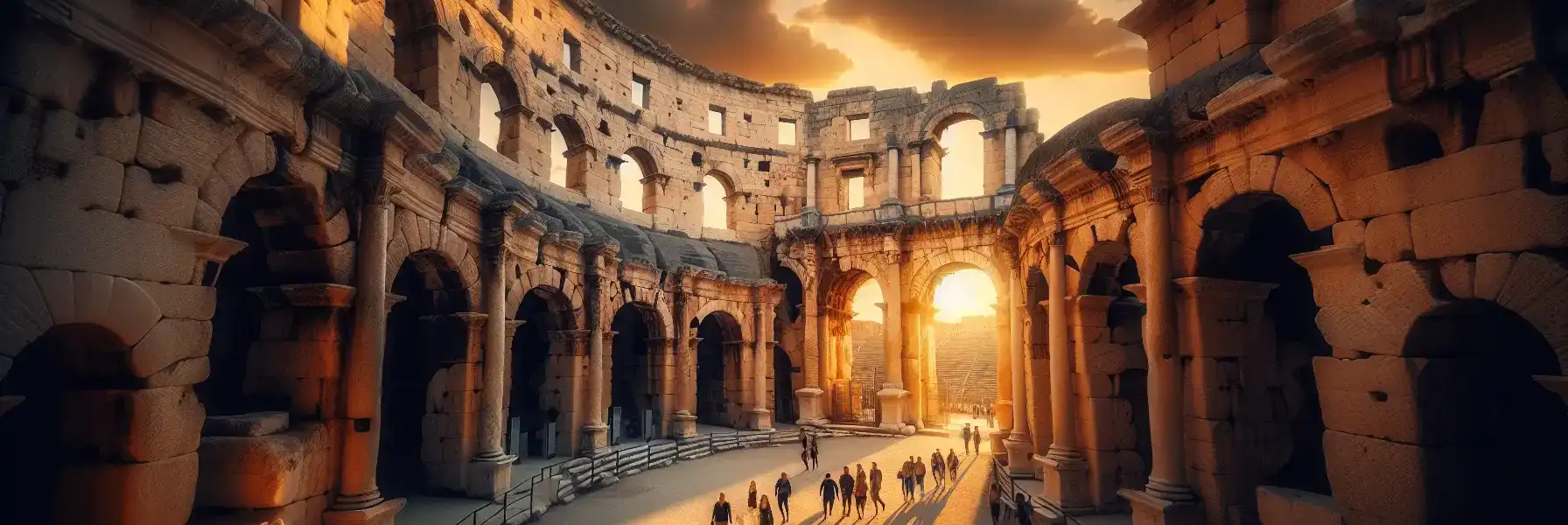The Colosseum's four-story travertine façade at golden hour with tourists walking along its perimeter and the arena floor visible through ancient arches
