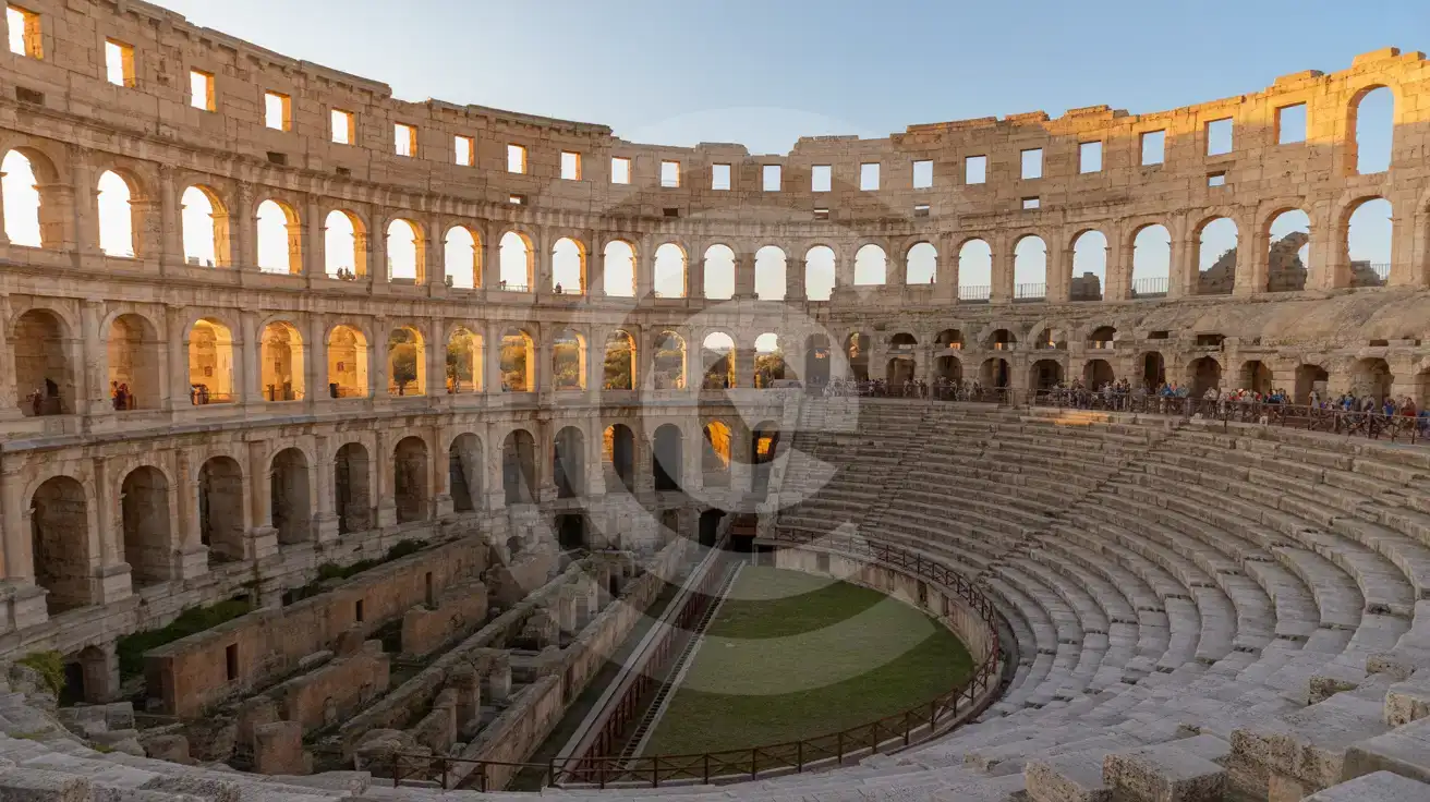 Interior view of a grand Roman amphitheater showing tiered seating and underground chambers bathed in golden hour light