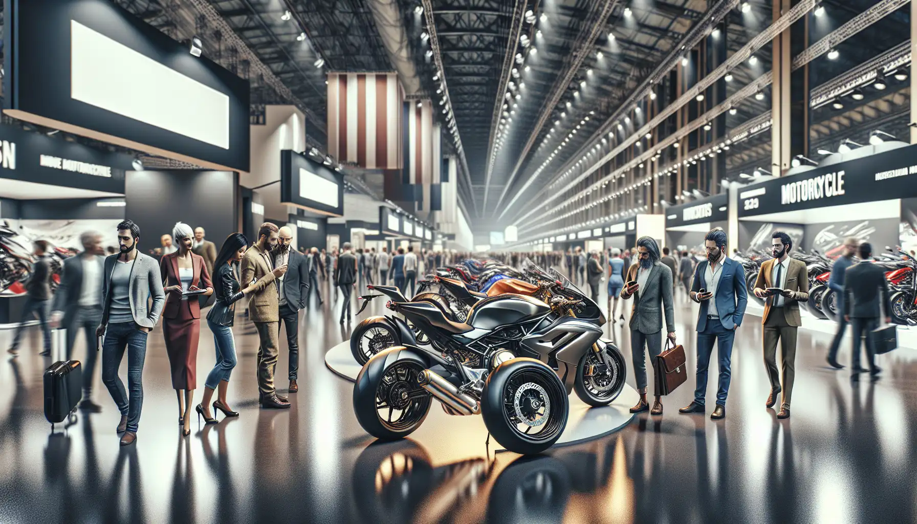 Crowded motorcycle exhibition hall in Milan during a major trade fair