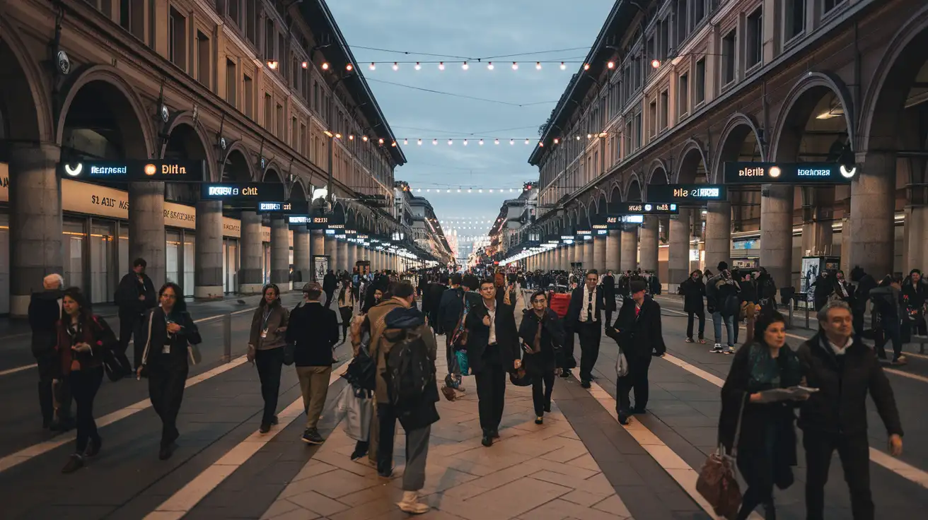 Visitors leaving a major Milan trade fair and heading toward evening transport