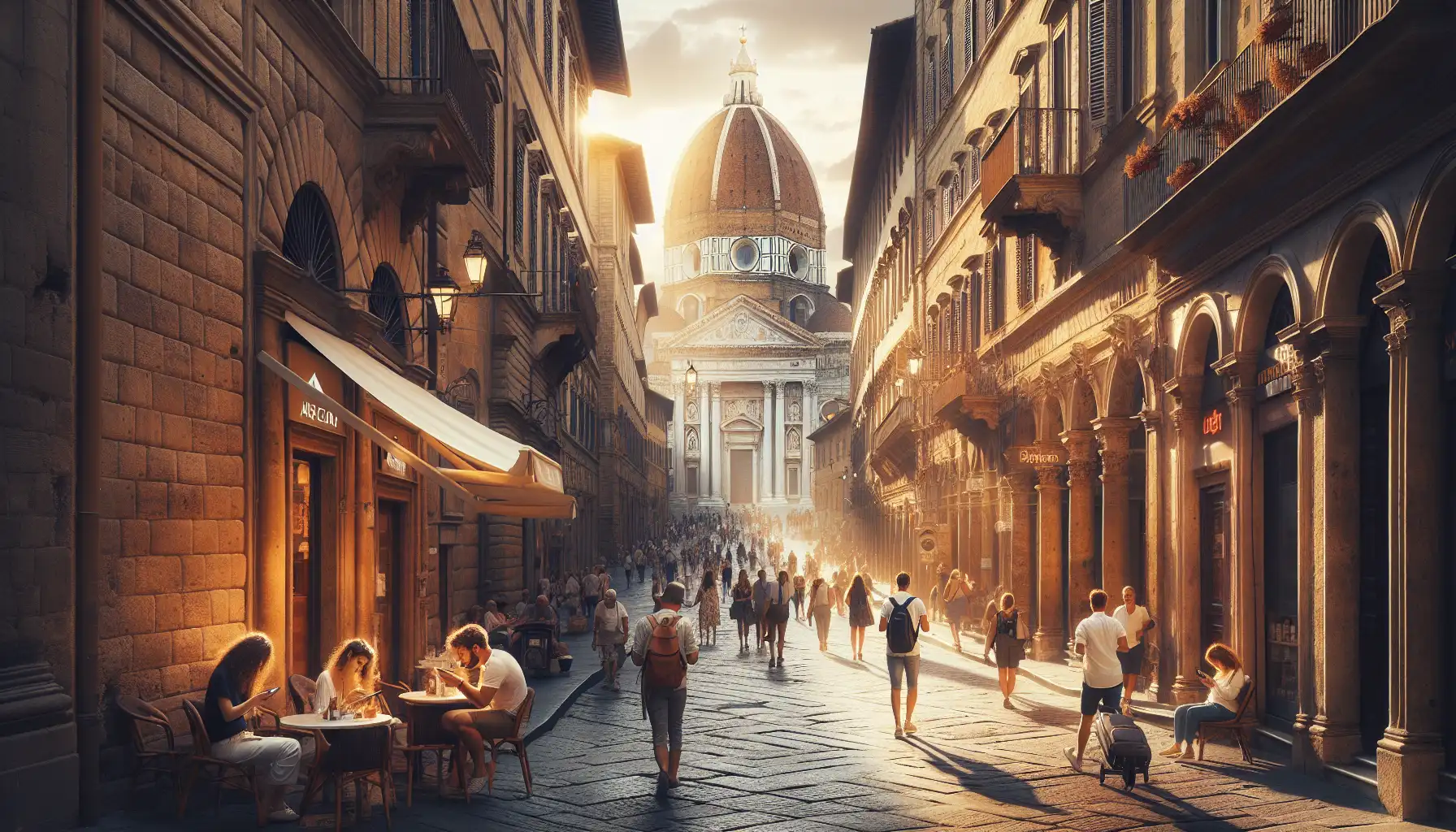 Travelers using phones on a historic street in Florence near the cathedral area