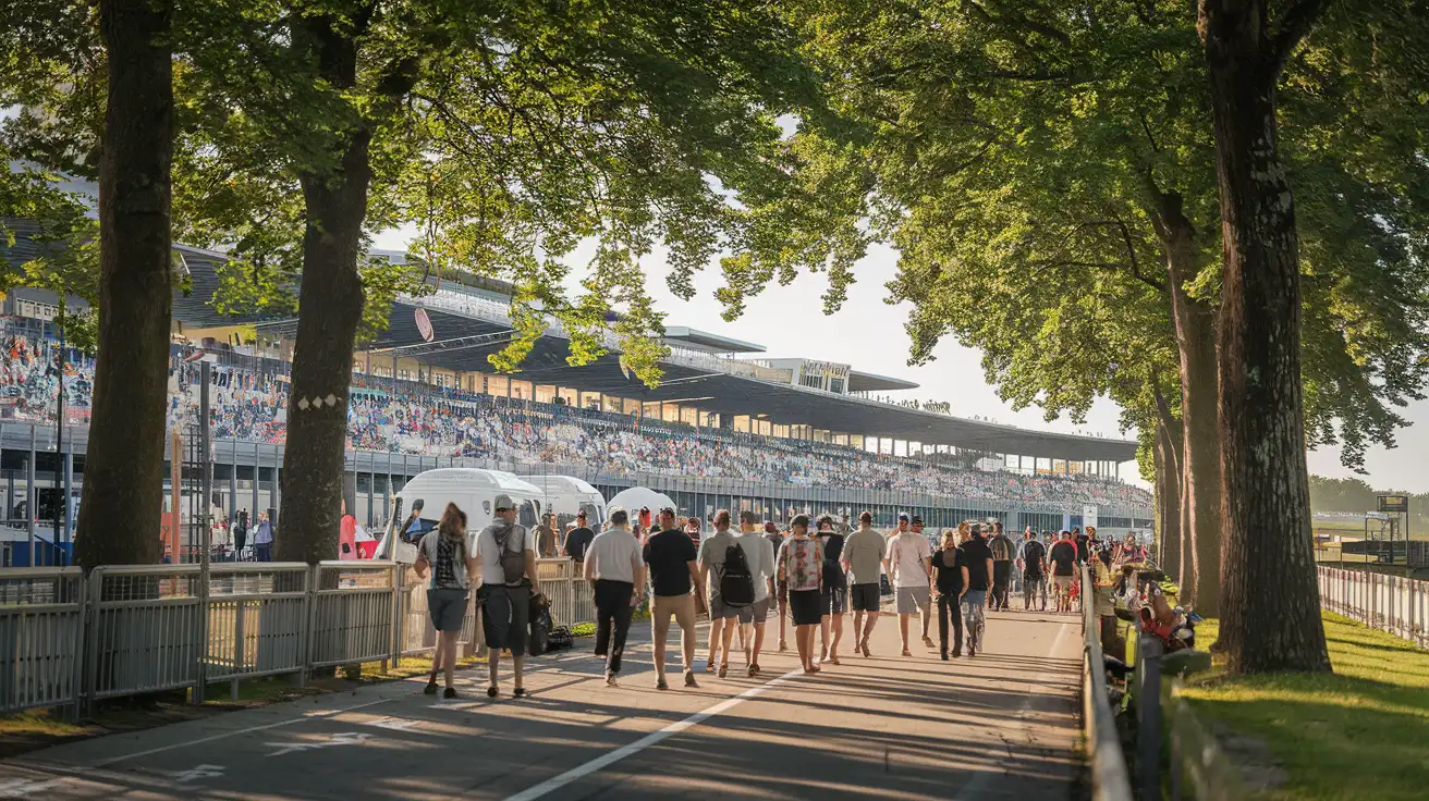 Crowds walking through the park toward the Monza circuit on race weekend