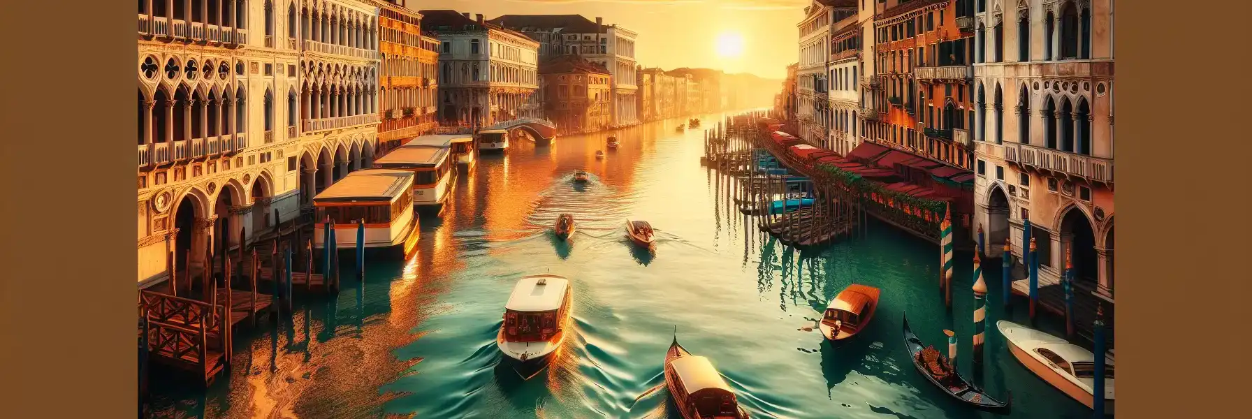 Golden hour view of Venice's Grand Canal with historic palaces reflecting in the water and traditional boats creating wakes