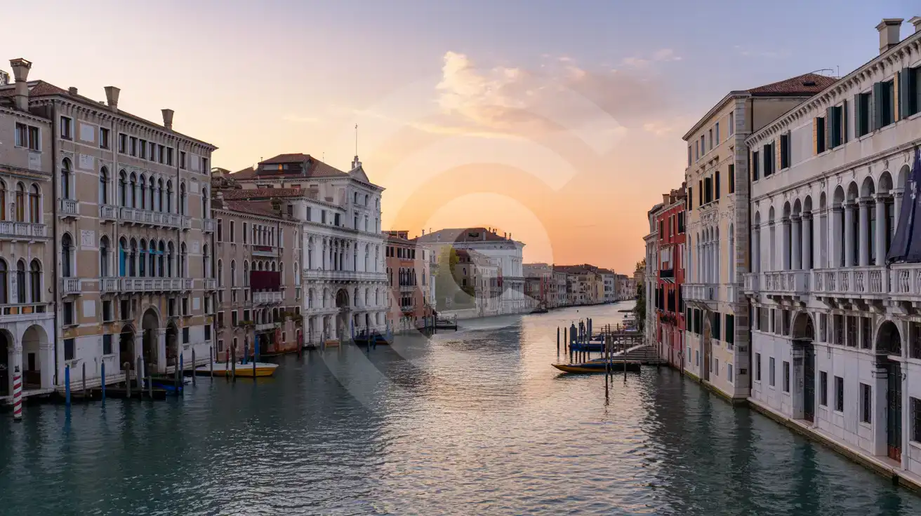 Venice's Grand Canal at sunset with historic palaces reflecting golden light on the calm water