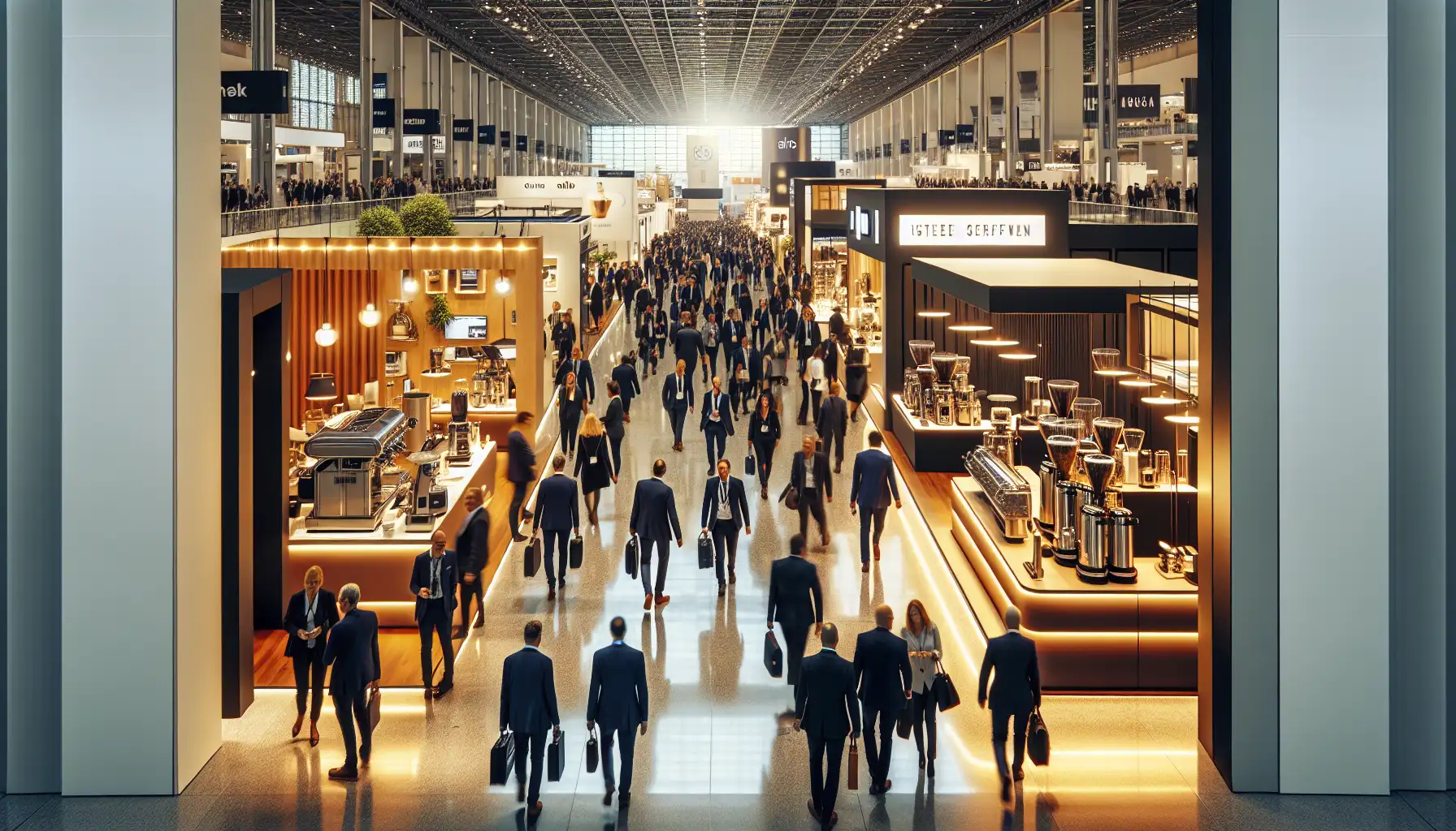 Busy hospitality trade fair atmosphere in Milan with visitors moving between coffee and foodservice exhibition halls