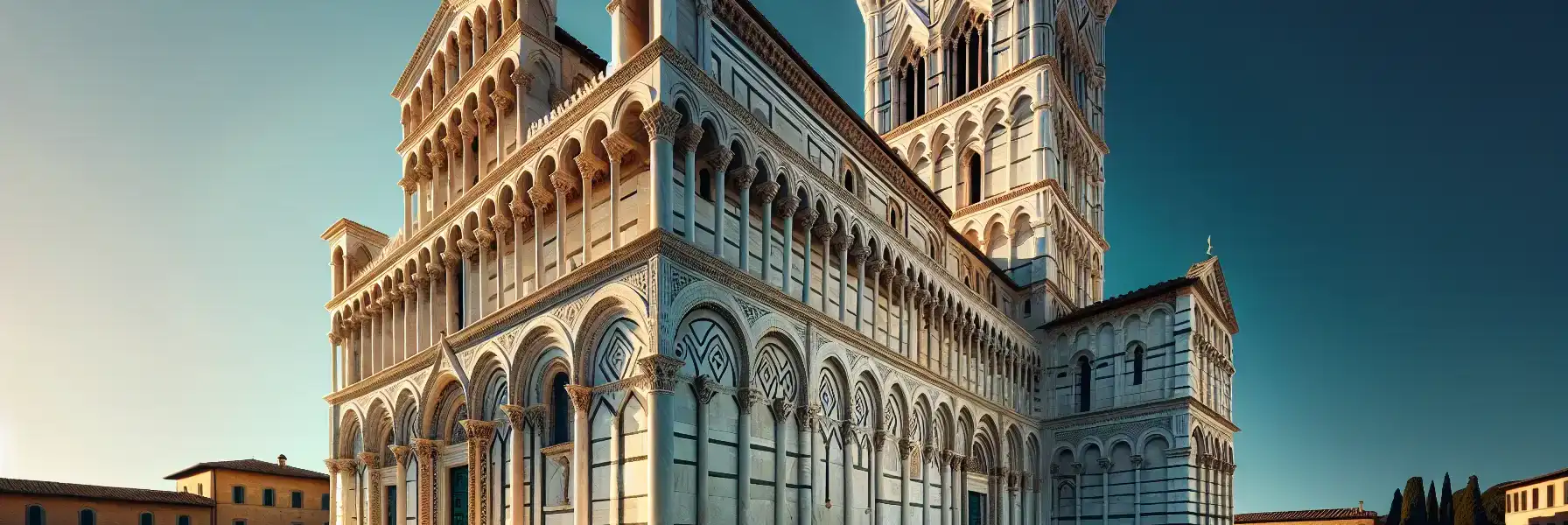 Krzywa Wieża w Pizie sfotografowana z trawnika Piazza dei Miracoli, ukazująca jej charakterystyczne nachylenie i osiem poziomów białych marmurowych arkad na tle czystego nieba