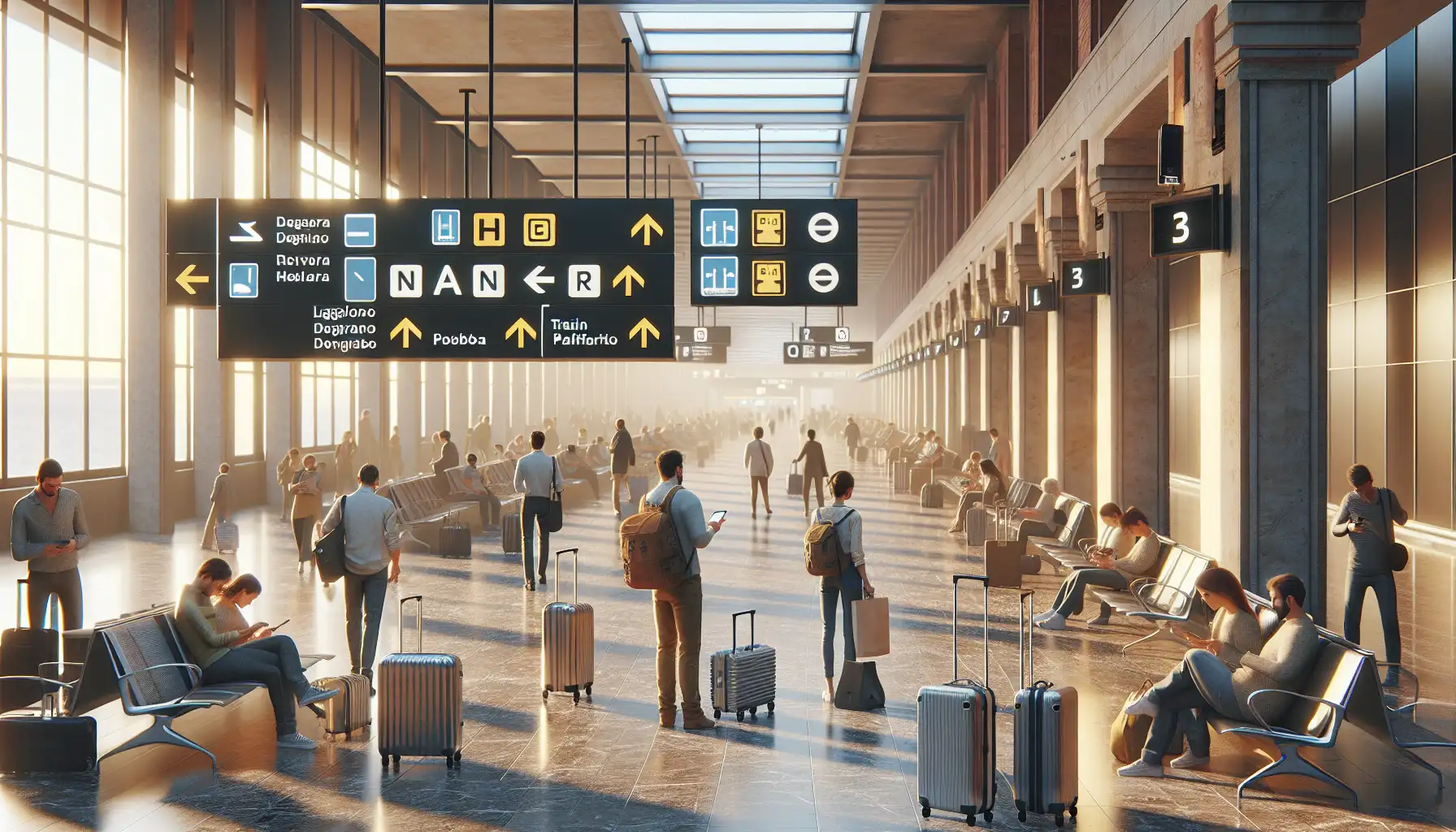 Viajeros en el Aeropuerto de Fiumicino revisando sus teléfonos cerca de la conexión de tren hacia Roma