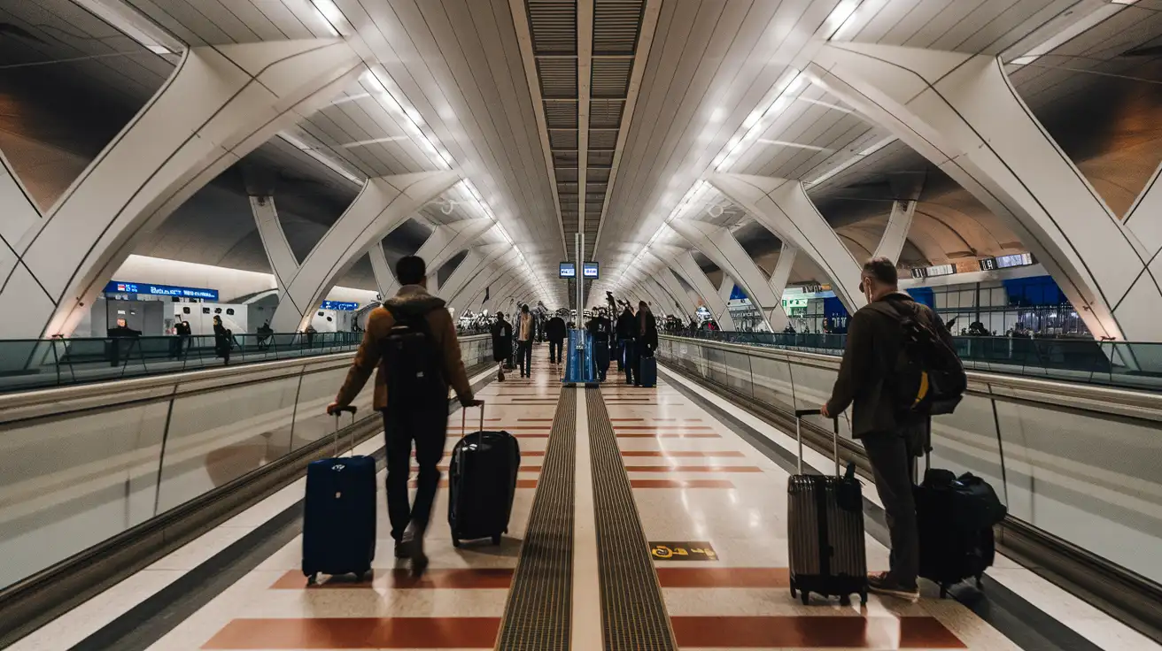 Pasajeros cerca de la conexión de tren del aeropuerto consultando direcciones en sus teléfonos