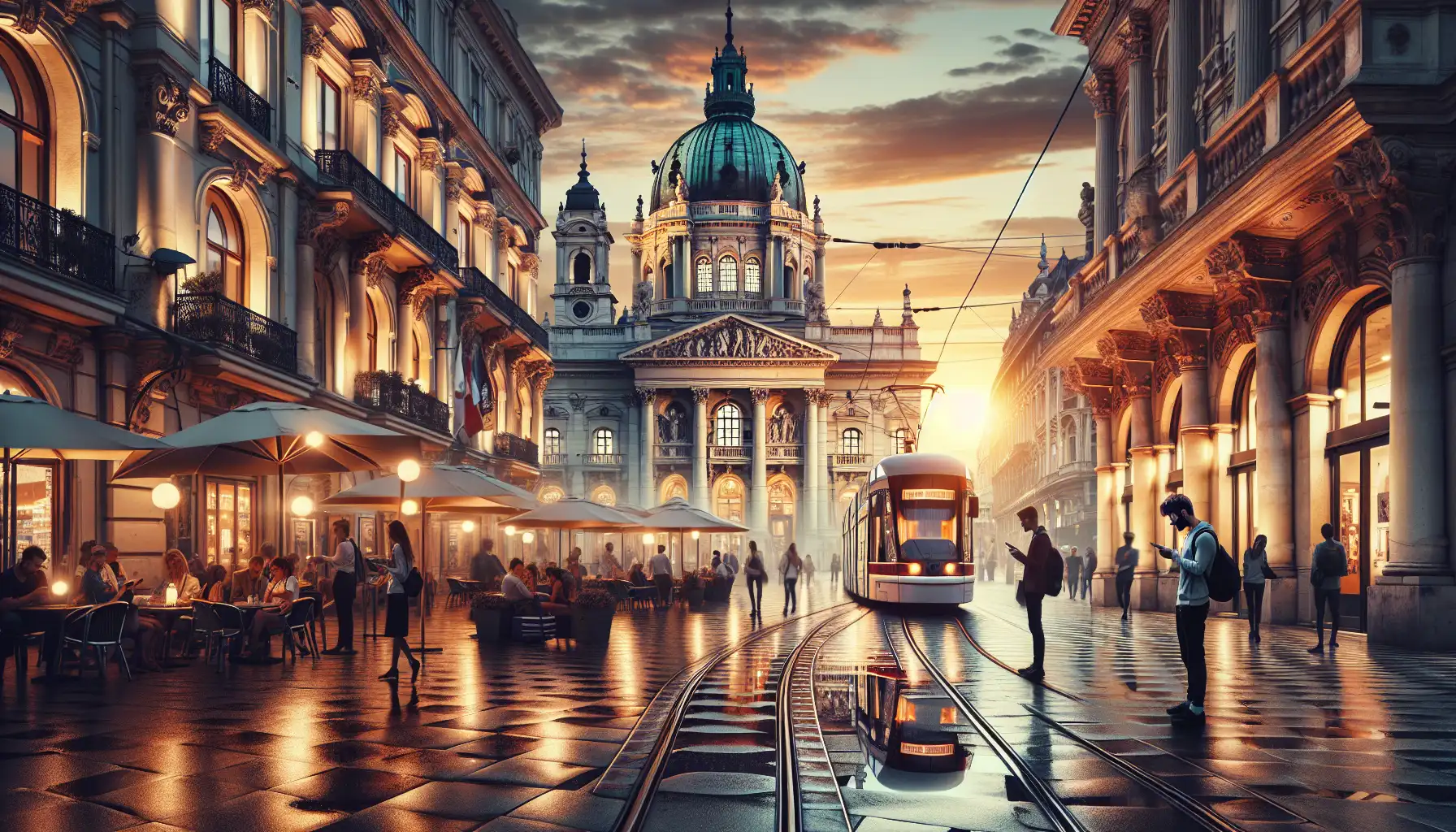 Podróżni korzystający z telefonów w pobliżu historycznego centrum Mediolanu o zmierzchu