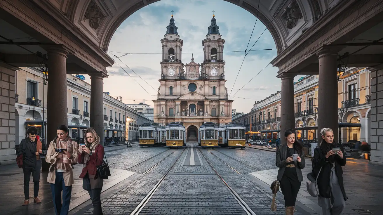 Podróżni korzystający z telefonów komórkowych w okolicach mediolańskiej katedry