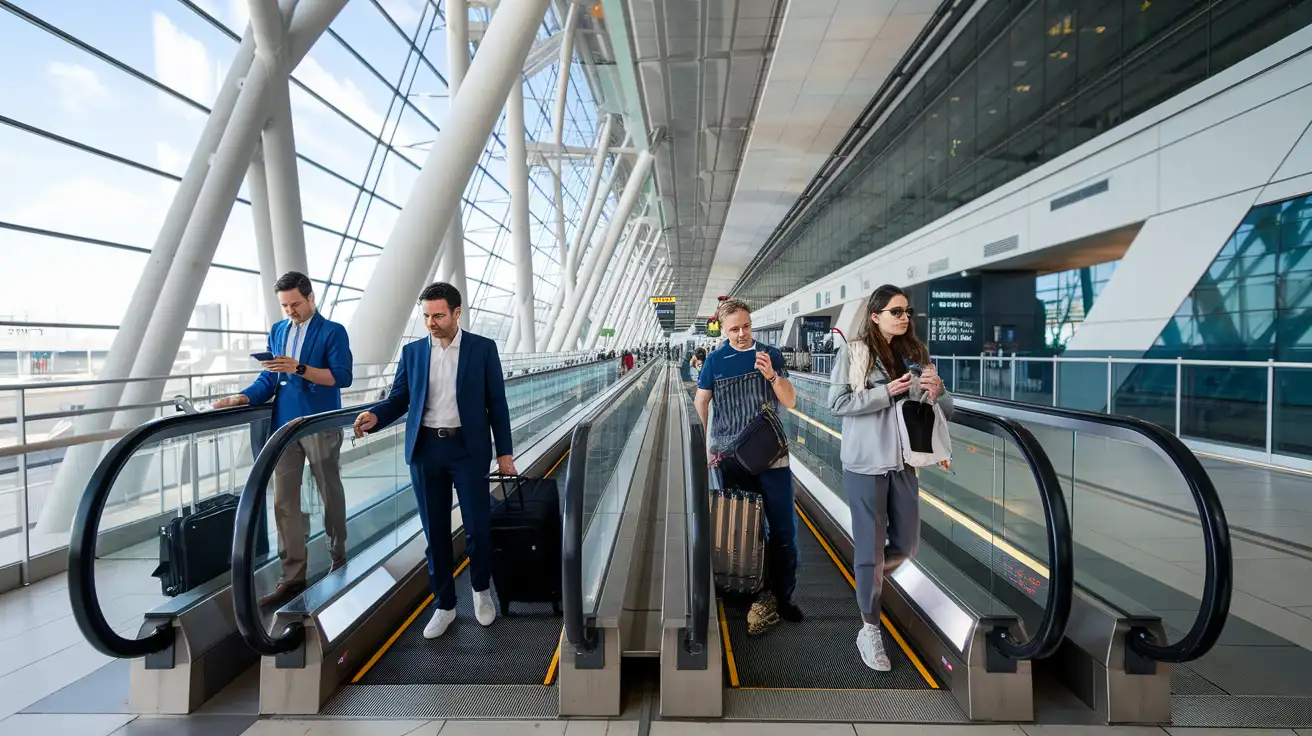 Havalimanı terminalinden tren bağlantısına doğru hareket eden ve telefonlarını kullanan gezginler