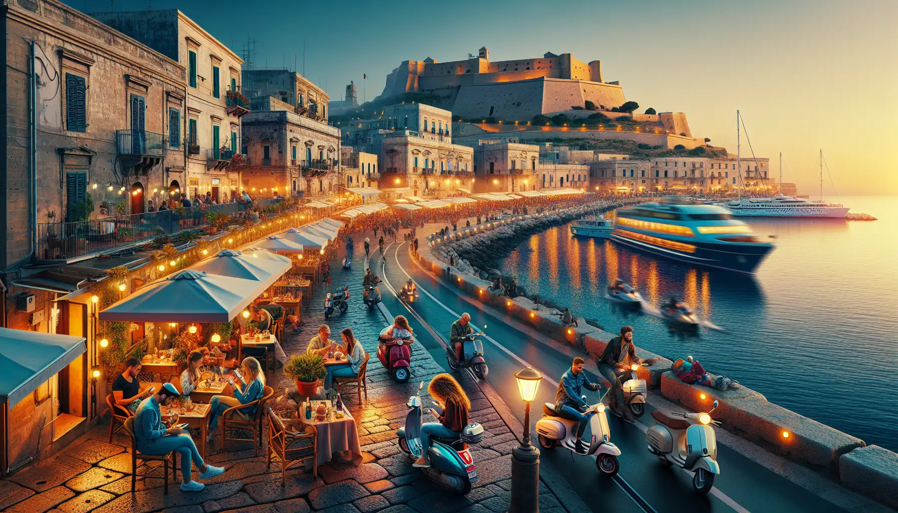 Travelers using phones along Naples waterfront with ferries and historic buildings in view