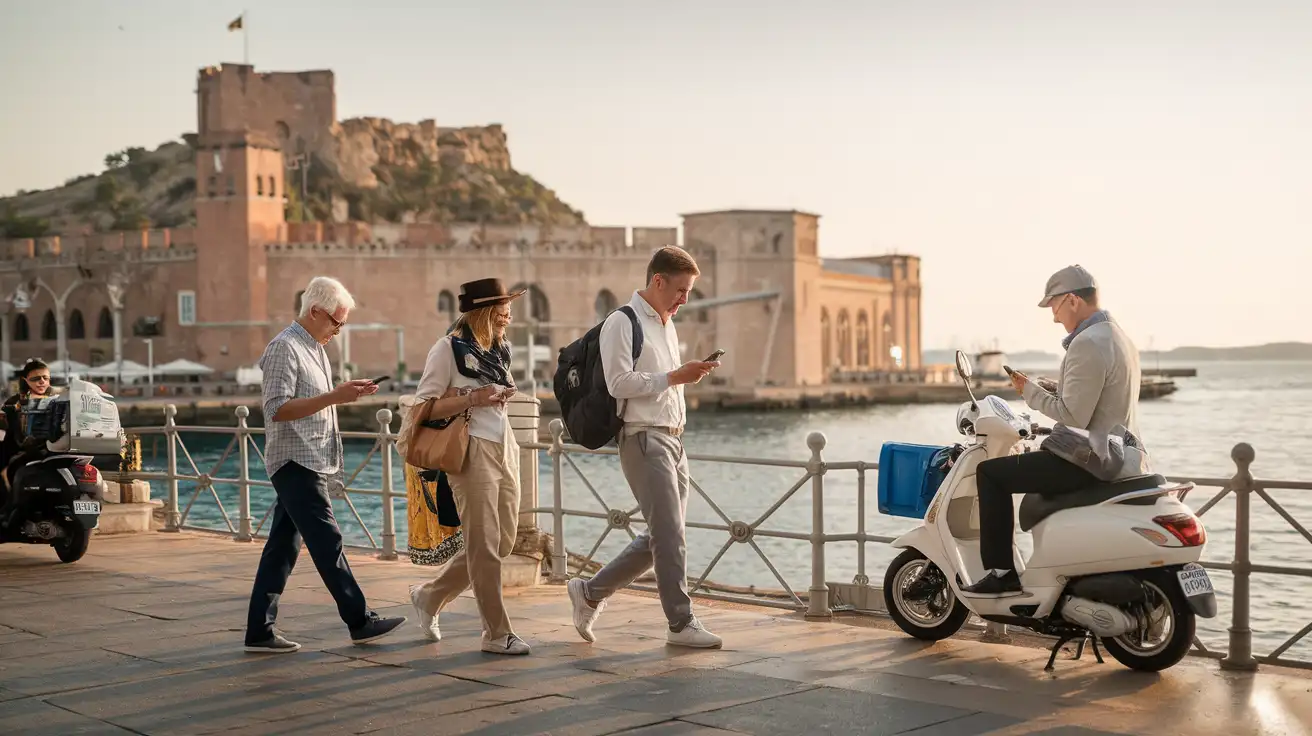 Travelers near Naples ferry area using phones with historic waterfront in the background