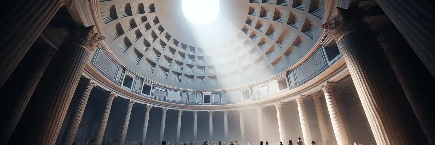 Interiorul Panteonului din Roma, arătând faimoasa cupolă cu deschiderea centrală a oculusului și raza dramatică de lumină naturală care luminează podeaua de marmură
