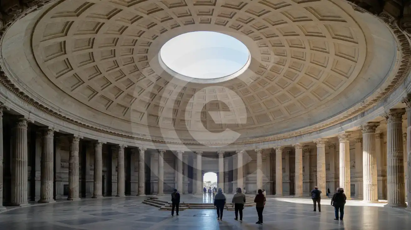 Vedere interioară a Pantheonului, arătând faimosul dom casetat cu deschiderea centrală a oculusului și podeaua geometrică de marmură de dedesubt