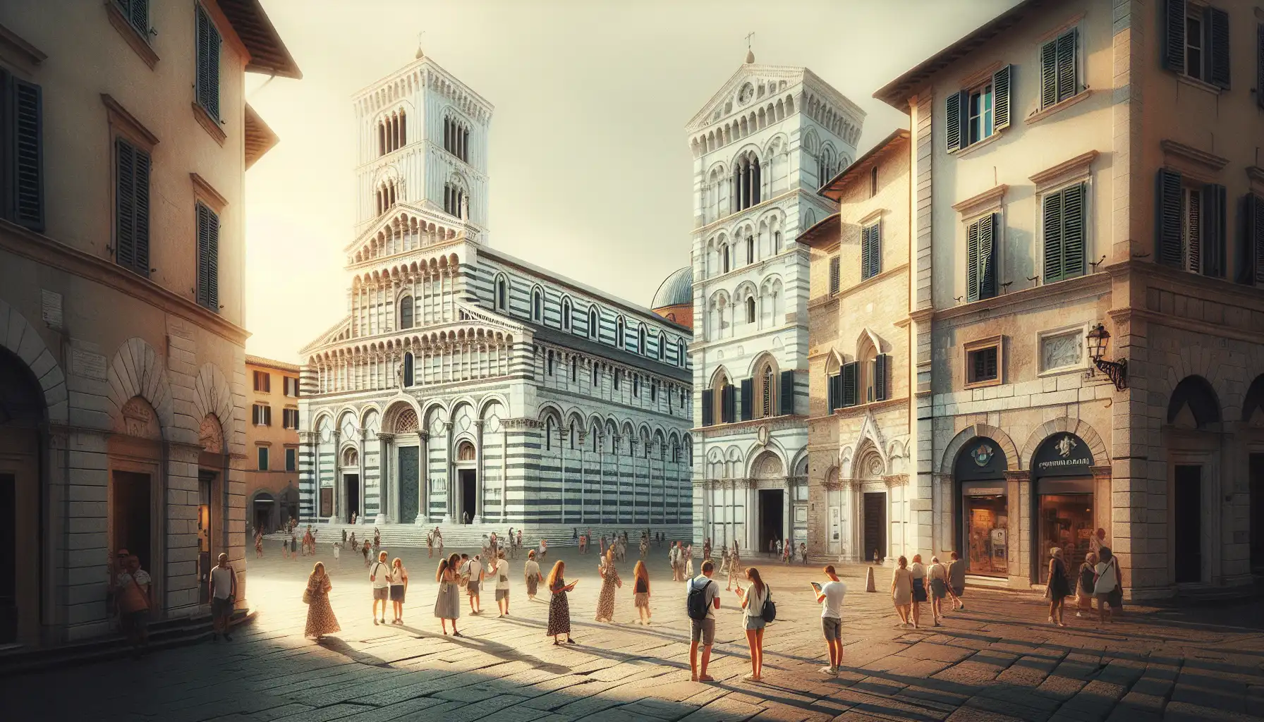 Travelers using phones near Pisa's famous tower and cathedral complex