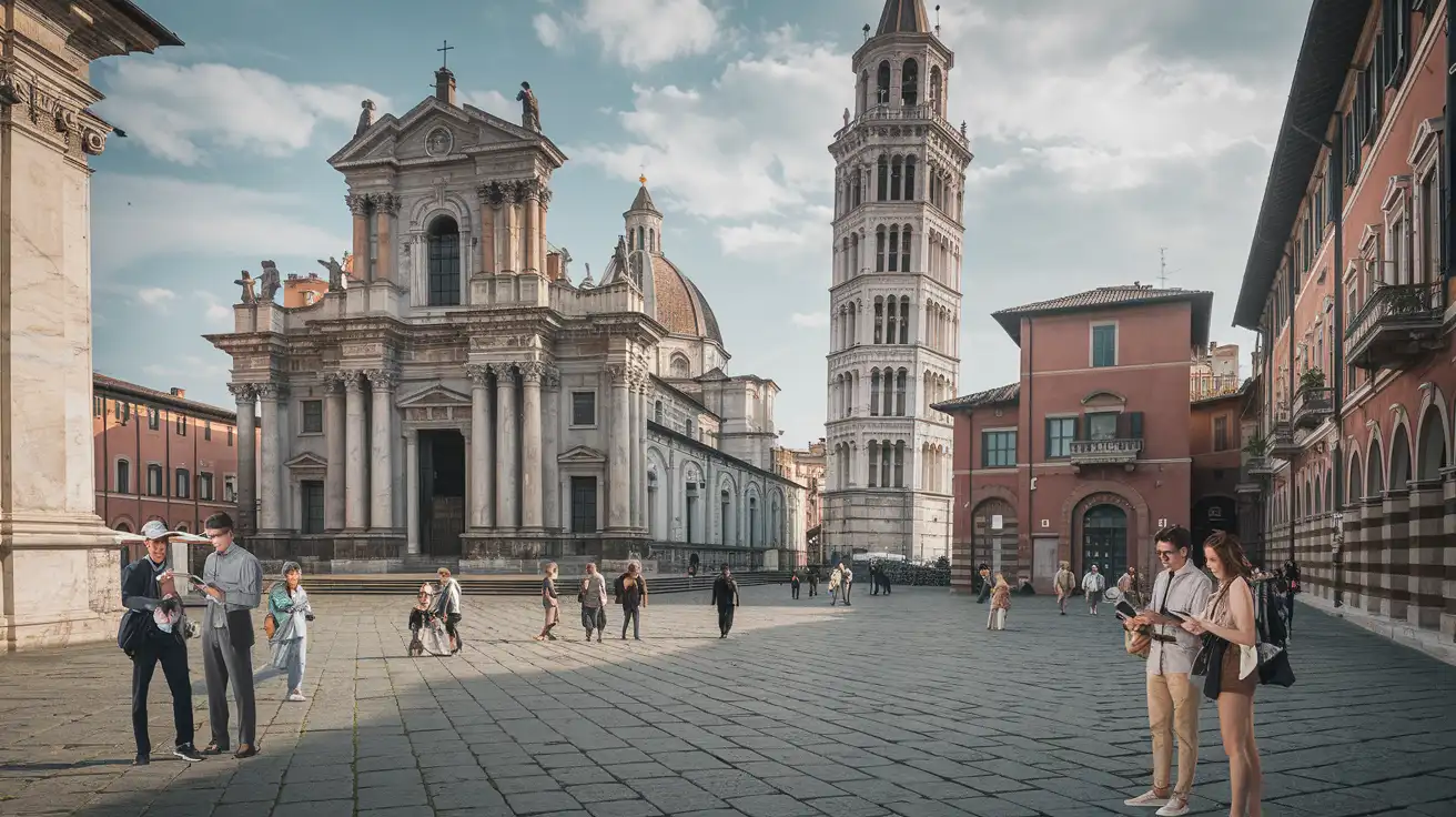 Visitors using mobile phones near Pisa's cathedral complex