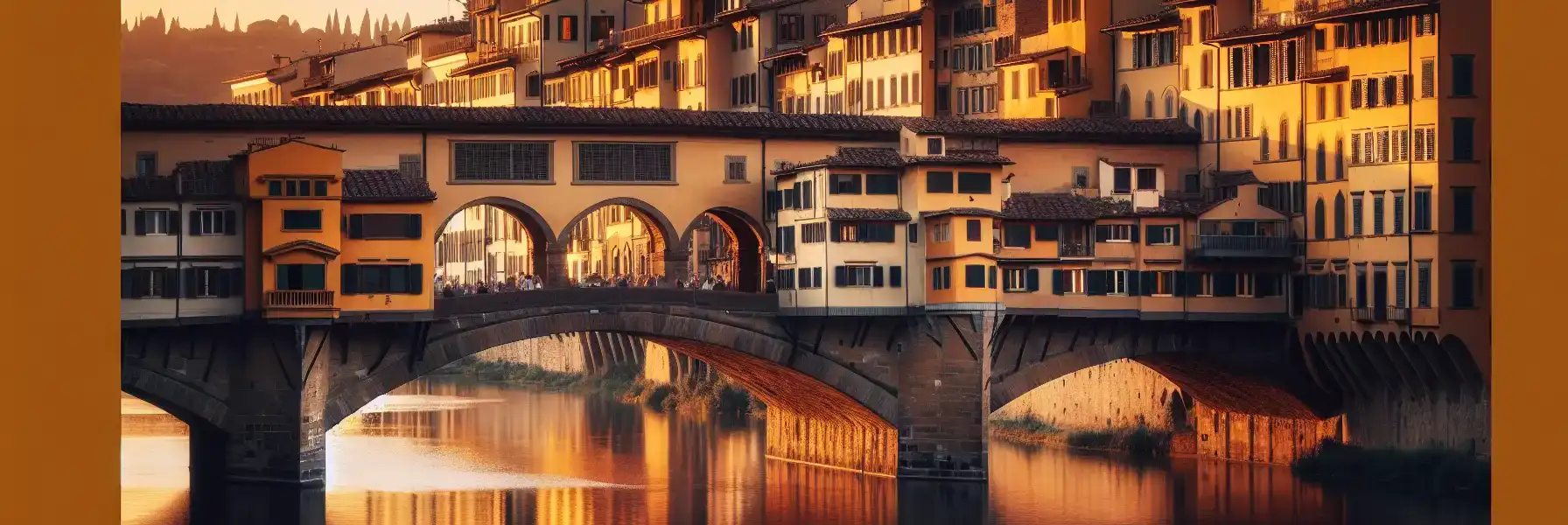 Podul Ponte Vecchio din Florența la apus, cu clădirile sale caracteristice extinzându-se peste râul Arno și lumina aurie caldă reflectându-se pe apă