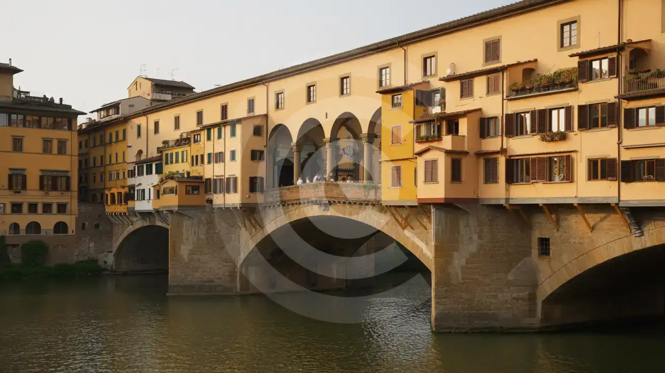 Pod istoric din piatră în Florența, cu magazine de bijuterii construite pe structura sa, fotografiat la ora de aur cu lumina caldă a apusului pe fațadele ocru ale clădirilor
