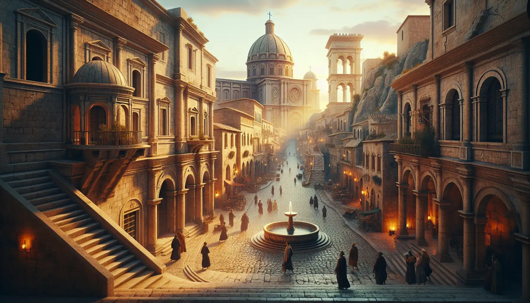 Vista cálida de Roma al atardecer con arquitectura de piedra antigua, cúpulas y una plaza animada
