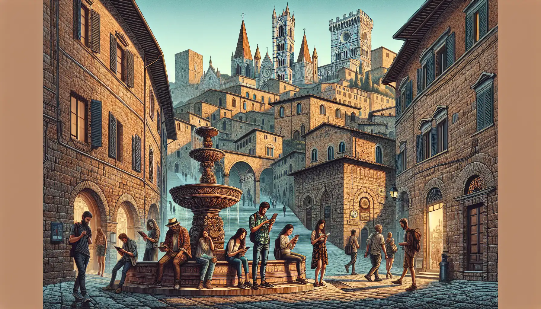 Travelers using phones in Siena's historic center near a large brick piazza