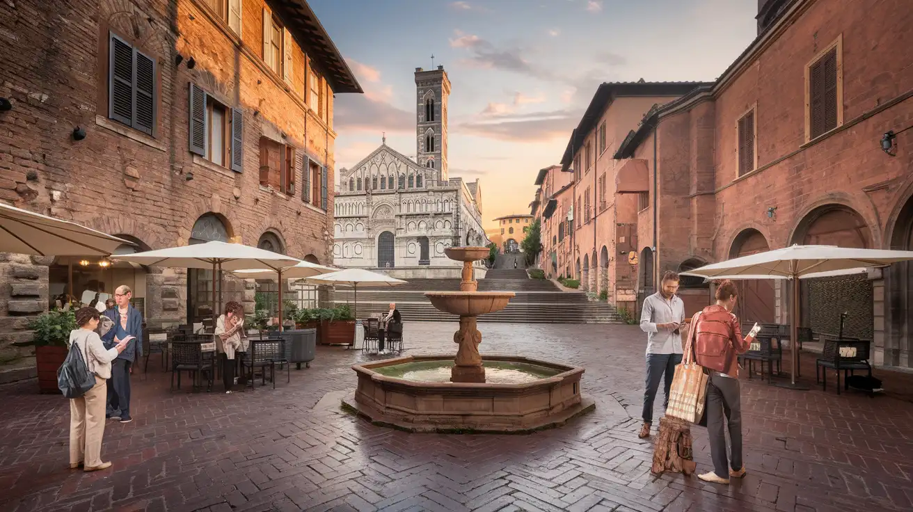 Visitors checking directions in Siena's historic center near a fountain and brick square