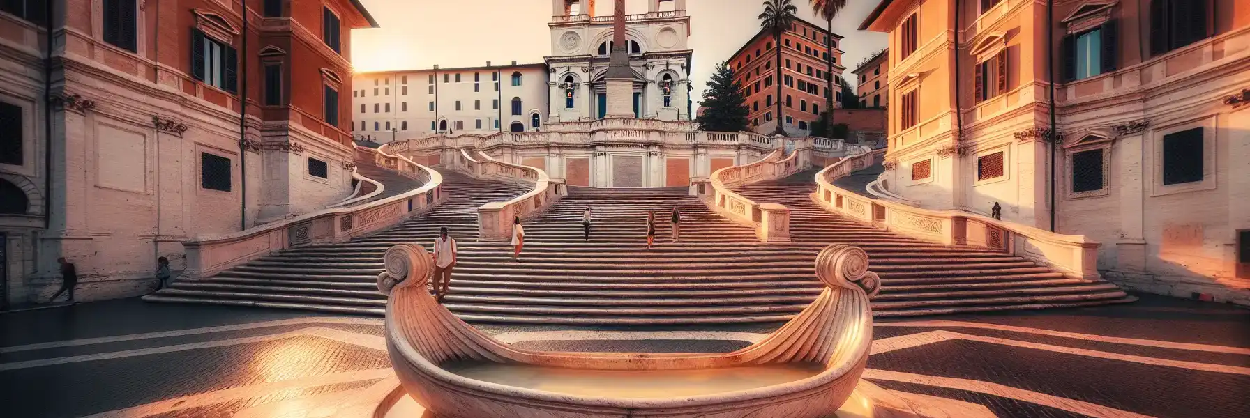 The Spanish Steps at golden hour with 135 travertine steps leading to Trinità dei Monti church and its twin bell towers in Rome