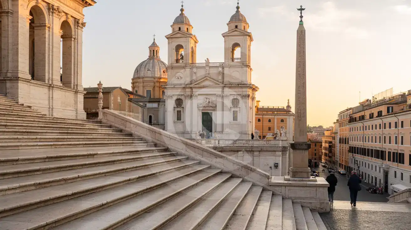 The Spanish Steps bathed in golden evening light with Trinità dei Monti church and the Roman rooftops in the background